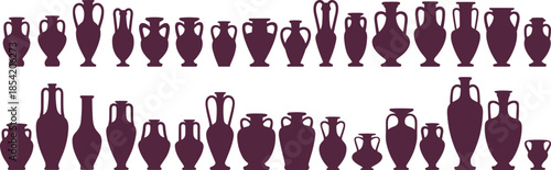 Ancient ceramic amphora silhouettes collection featuring Greek and Roman pottery vases, jars, and urns in elegant flat style isolated on white background