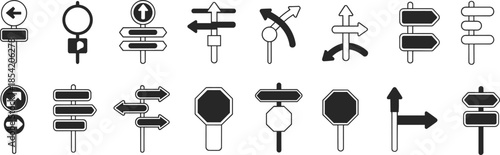 Road and directional sign icon set featuring arrows, stop shapes, and roundabout symbols for traffic, navigation, and urban planning design use.