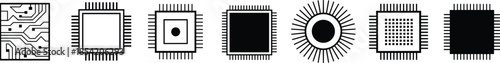 microchip and circuit board icons representing diverse integrated circuit designs for electronics, hardware engineering, and tech interface visuals.