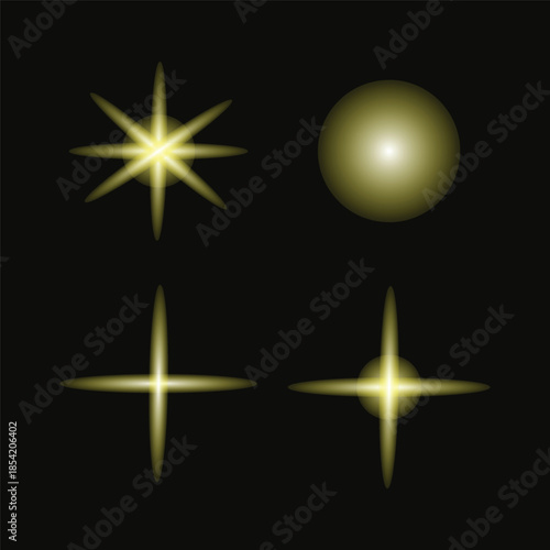 Golden Sparkling Star Lens Flare and Glowing Light Effect Set on Black Background
