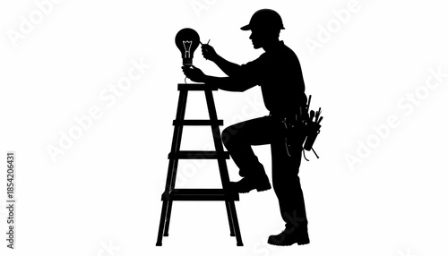 Silhouette of electrician on ladder changing light bulb, vector illustration.