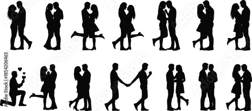 Romantic couple silhouettes set showing love moments kissing hugging proposal and dating poses, relationship romance concept black vector illustration