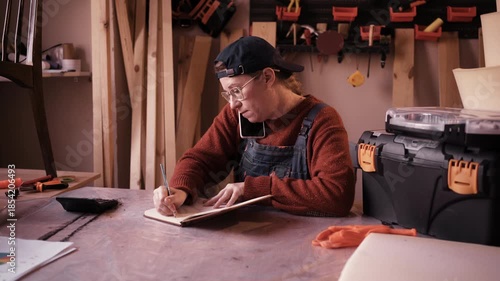 Female professional carpenter talking on phone with client and writing order details in notebook at workshop