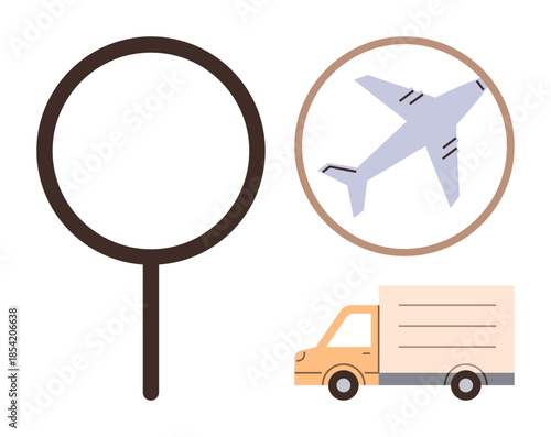 Magnifying glass focuses on airplane and delivery truck representing logistics, shipping, supply chain, delivery, global trade, transportation planning, cargo movement. Ideal for business, search