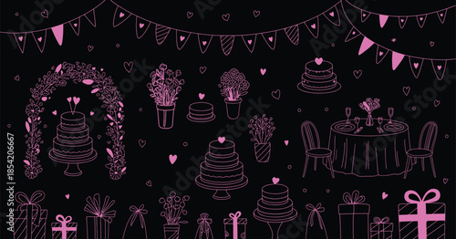 hand drawn black and white vector illustration of wedding and party decorations featuring decorated tables, elegant cakes, floral arrangements, festive banners, celebration design elements, and event.