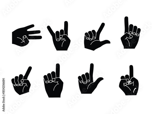 set of black and white vector silhouettes of hand, index, positive, position, colours,