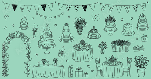 hand drawn black and white vector illustration of wedding and party decorations featuring decorated tables, elegant cakes, floral arrangements, festive banners, celebration design elements, and event.