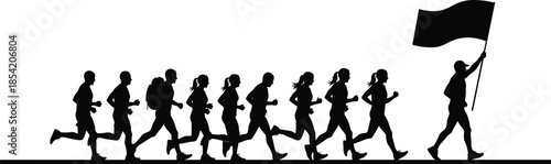 Runners silhouettes following leader holding flag, teamwork motivation endurance race challenge concept, group running fitness marathon vector illustration