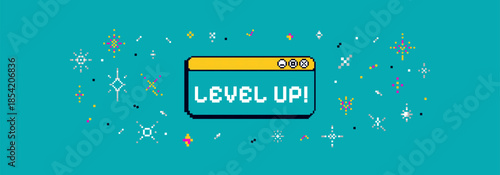 Blue pixel game background with text "level up" and 8bit sparkle, sticker. Game banner in 90s art vibe.