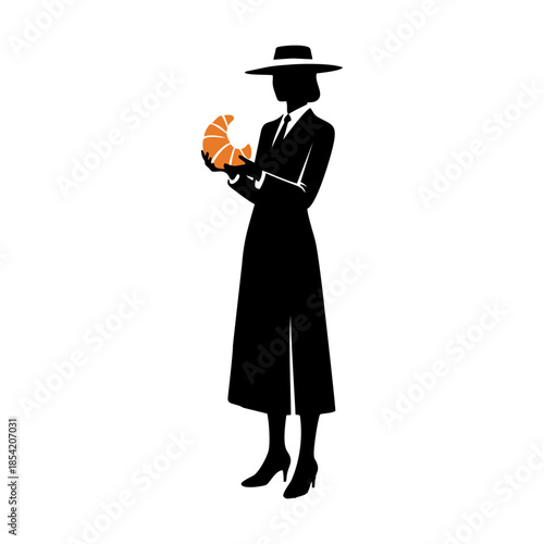Silhouette of woman holding a croissant while wearing a hat  