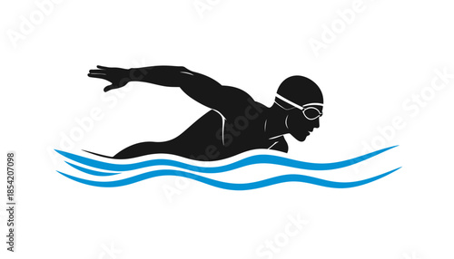 Silhouette of a swimmer in crawl stroke with water waves.