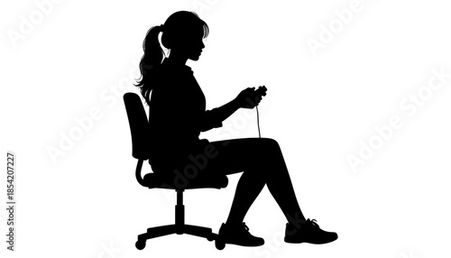 Silhouette of a woman sitting in a chair playing video games.