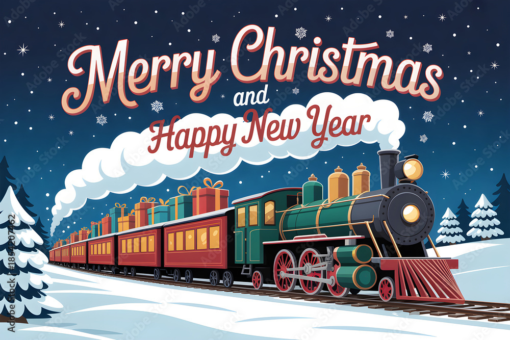 Fototapeta premium Christmas train delivering gifts for merry christmas and happy new year