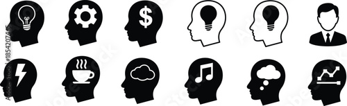 Black and white human head icons set representing ideas, thinking, creativity, business, emotions, and mental concepts in flat silhouette style isolated on white background