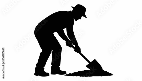 Silhouette of a man digging with a shovel, isolated on white background.