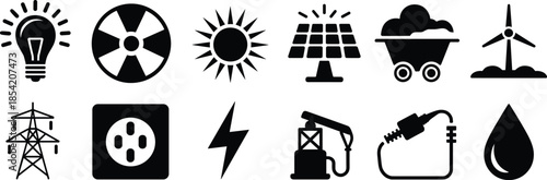Black and white energy icons set showing renewable and traditional power sources, electricity symbols, solar, wind, nuclear, oil and gas in flat silhouette style