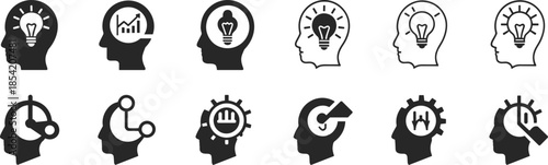 Human head icon set illustrating cognitive concepts like ideas, analysis, strategy, and innovation for business, education, and technology design use.