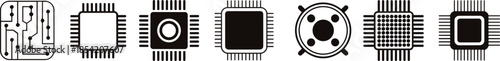 Microchip and processor icon set featuring CPU, electronic circuit boards, integrated chips and technology hardware symbols in black flat silhouette design