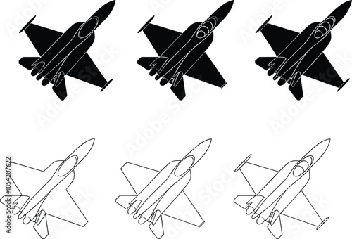 Military jet fighter aircraft icon set featuring modern combat airplanes, air force jets and aviation symbols in black silhouette and outline top view design