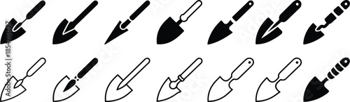 Garden shovel and trowel icon set featuring hand digging tools for planting, landscaping, farming and outdoor gardening in black silhouette style