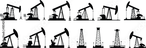 pump jacks and drilling rigs for petroleum extraction, industrial design, and energy sector illustrations.