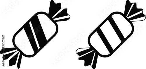 Wrapped candy icon set featuring sweet confectionery treats, chocolate sweets and dessert symbols in black silhouette and outline style for food and packaging design