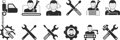 Black mechanic and automotive service icon set featuring car repair, maintenance tools, technician symbols, garage support and vehicle service elements in minimal flat design