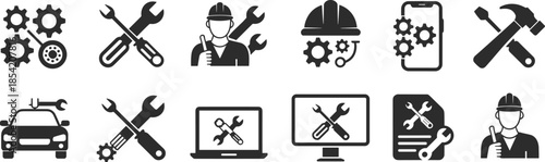 Set of 12 black and white vector icons representing mechanical engineering, technical support, tools, repair services, and industrial maintenance for professional design use.