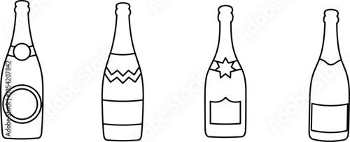 Champagne and wine bottle outline icons set featuring sparkling drink containers with blank labels in clean minimal line art style isolated on white background