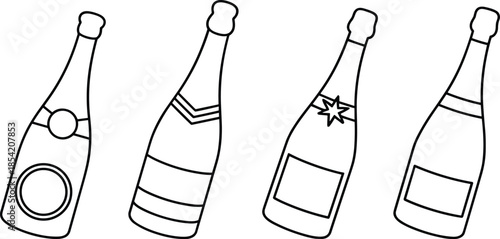 Stylized Champagne Bottle Silhouettes with Unique Labels and Neck Designs – Ideal for Branding, Packaging, Celebration, and Beverage Design Projects