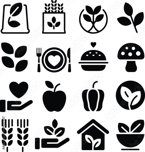 Minimal black vegan food and agriculture icon set featuring plant based nutrition, organic farming, eco lifestyle symbols for sustainable healthy eating design