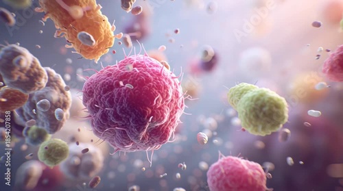 Wallpaper Mural Macro 3D rendering of the intestinal microbiome showing diverse bacteria forms floating in softly lit fluid, illustrating gut health, digestion, and microbial balance in an educational, scientific sty Torontodigital.ca