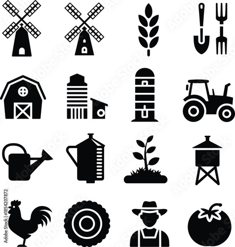 Black farm and agriculture icons set featuring windmills, barns, tractor, farmer, crops, tools, and rural equipment in flat silhouette style isolated on white background