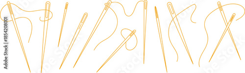 Sewing needle illustration set with threaded needles and loose thread lines, showing hand stitching tools in minimal outline style isolated on white background