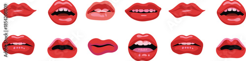 Stylized lips icon set featuring varied expressions, mouth shapes, and teeth details for fashion, beauty, character design, and emotion graphics.