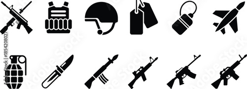 Military weapon icons set featuring firearms, ammunition, grenades, missiles, tactical gear and combat equipment in black flat silhouette style isolated on white background
