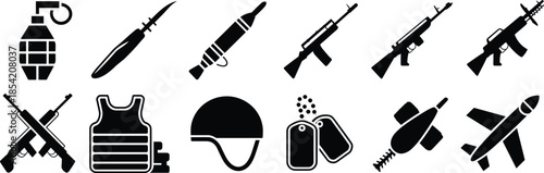 Military icon set in black silhouette featuring weapons, gear, and tactical symbols for defense, combat, and warfare design applications.