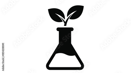 A black silhouette of a plant sprouting from a laboratory flask symbolizing growth