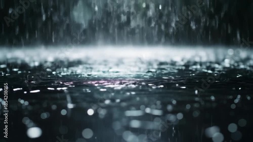 Close-up shot of heavy rain falling on a reflective water surface, creating a moody atmosphere.