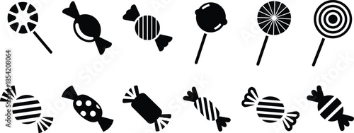 Black and white candy icons set featuring lollipops and wrapped sweets in playful flat silhouette style for party, dessert, and confectionery design isolated on white background