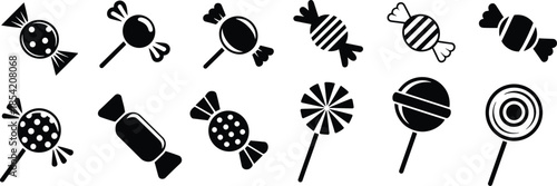 Candy icon set in black and white featuring assorted wrapped sweets and lollipops with playful shapes and patterns for design use.
