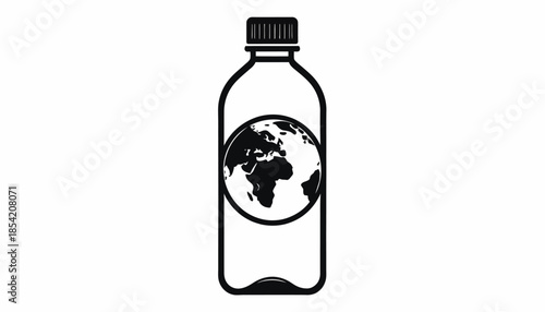 Illustration of a plastic bottle with a globe on it, symbolizing environmental issues.