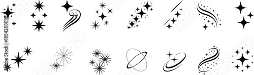 Black and white sparkle and star icons collection featuring magic effects, twinkles, shooting stars, and cosmic decorative elements in flat silhouette style isolated on white background
