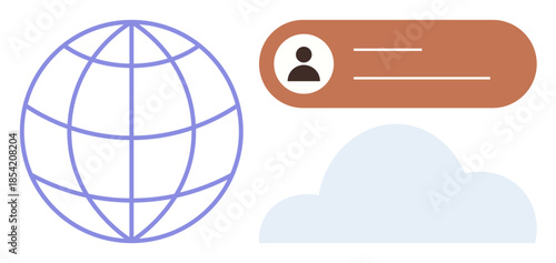 Globe representing connectivity, user profile in a rectangular interface, and a cloud. Ideal for communication, global access, data sharing, technology, information management, cybersecurity simple