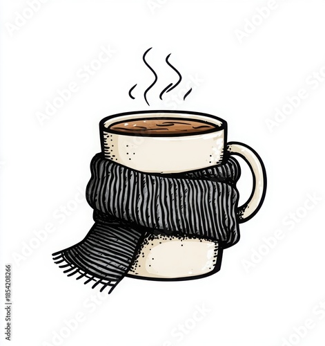 hot tea and knitted scarf winter cozy illustration