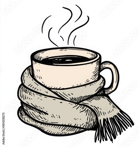 hot tea and knitted scarf winter cozy illustration
