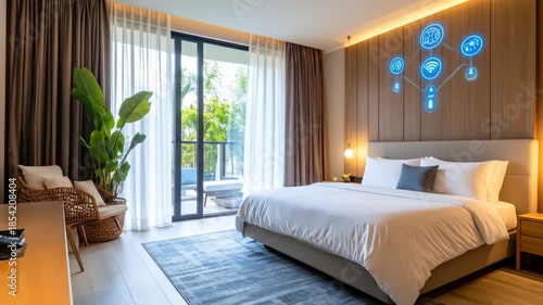 A modern and comfortable bedroom interior with a large bed, stylish decor, and smart home features.