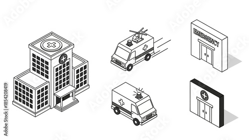 Hand drawn sketch of an isometric city building set featuring urban architecture and estate construction icons in a 3d vector art style for real estate business plan illustrations