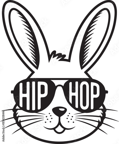 Rabbit face wearing large sunglasses with hip hop lettering inside black line illustration
