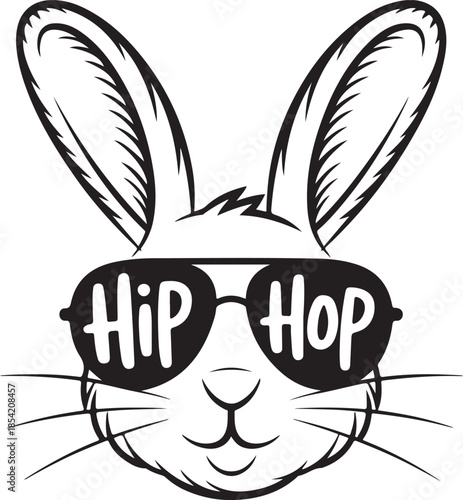 Rabbit head wearing sunglasses with hip hop text inside black and white outline portrait